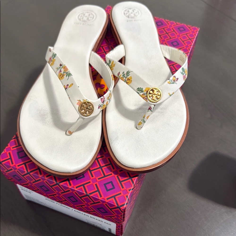 Tory Burch White and Cream Sandals with Gold Medallion